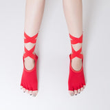 HJ Non-Slip Cotton Grain Open Toe Backless Lace Up Yoga Socks